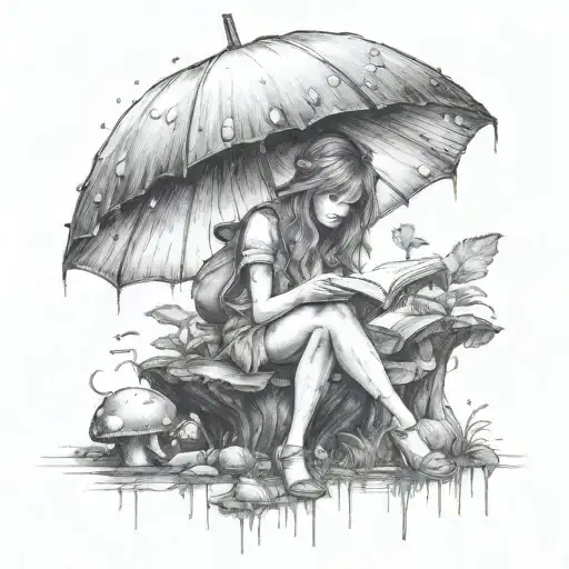 A realistic portrayal of a fairy reading a book under a mushroom umbrella during a rainstorm tattoo design idea