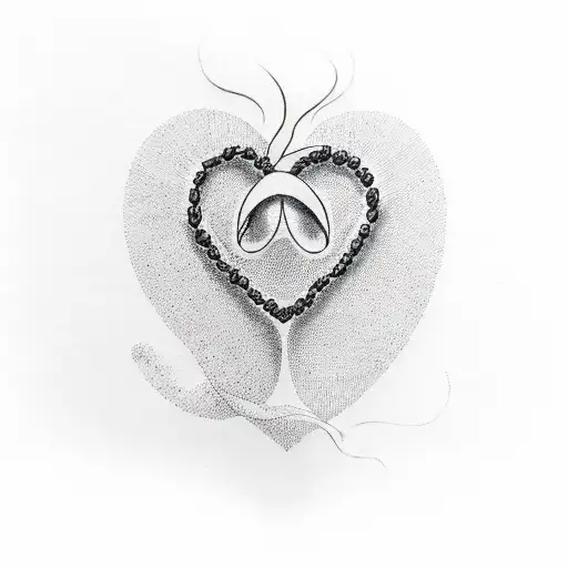 A dotwork tattoo of a heart-shaped infinity symbol with running shoes and coffee beans entwined around it, reflecting the client's passions for running, coffee, and infinity tattoo design idea