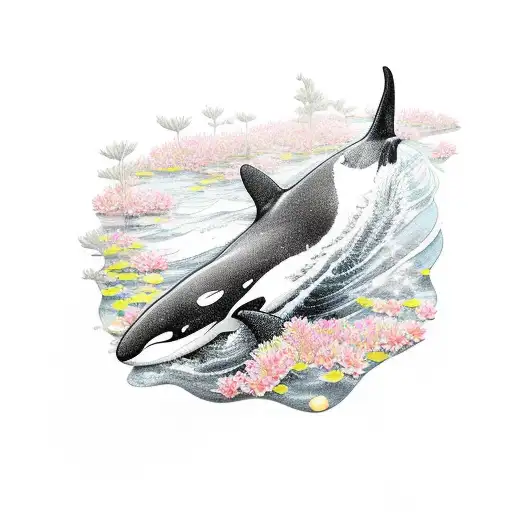 A majestic orca swimming among a bed of vibrant azalea flowers tattoo design idea
