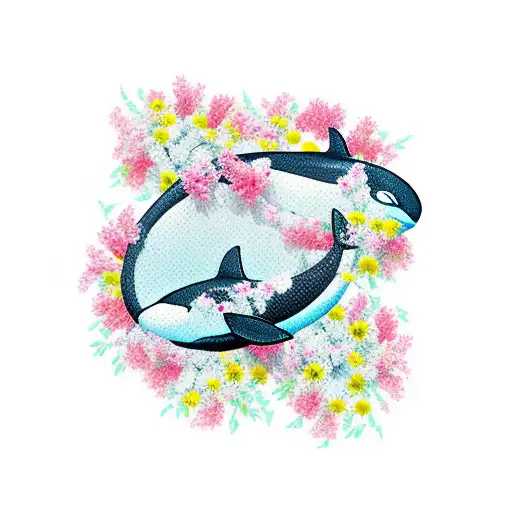 A majestic orca swimming among a bed of vibrant azalea flowers tattoo design idea