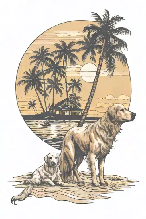 horse and golden retriever on the beach with palm trees and a sunset  tattoo design idea