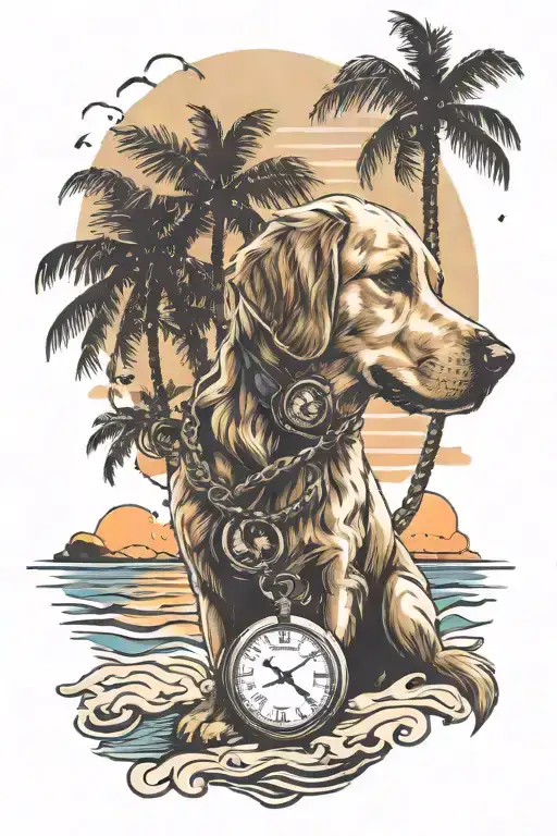 golden retriever on the beach with palm trees and a sunset with a pocket watch and anchor in the state of florida  tattoo design idea