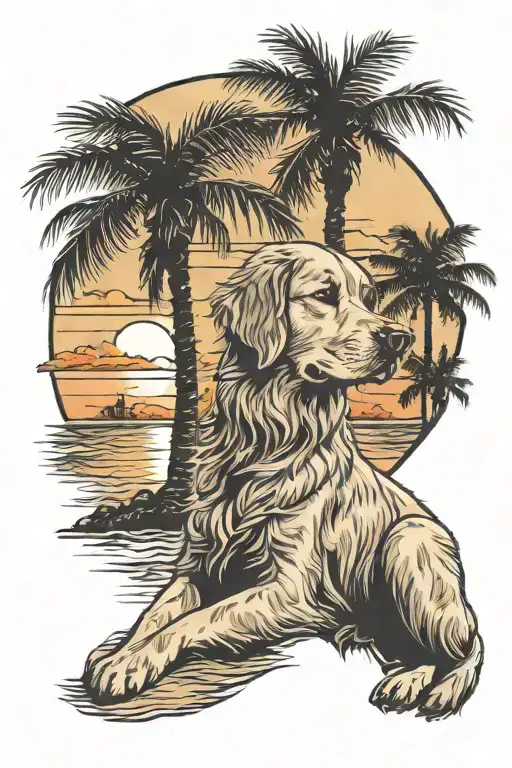 golden retriever on the beach with palm trees and a sunset in the state of florida  tattoo design idea