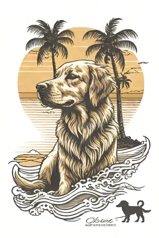 golden retriever on the beach with palm trees and a sunset with the state of florida tattoo design idea