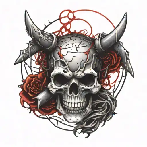 An edgy design of a skull engulfed in barb wire with red highlights in a dotwork style tattoo tattoo design idea