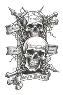 Skulls going dowards with barb wire wrapped around the skulls and words "Mind Over Matter" on side in a gothic font tattoo design idea