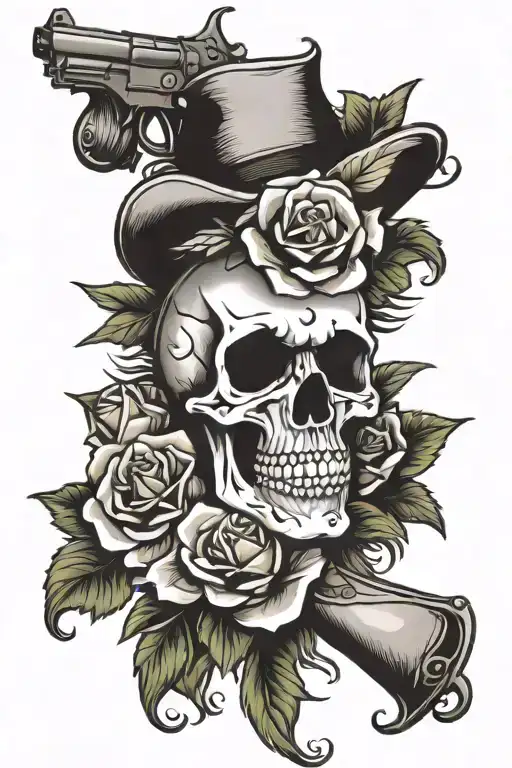 skull roses and pistols tattoo design idea