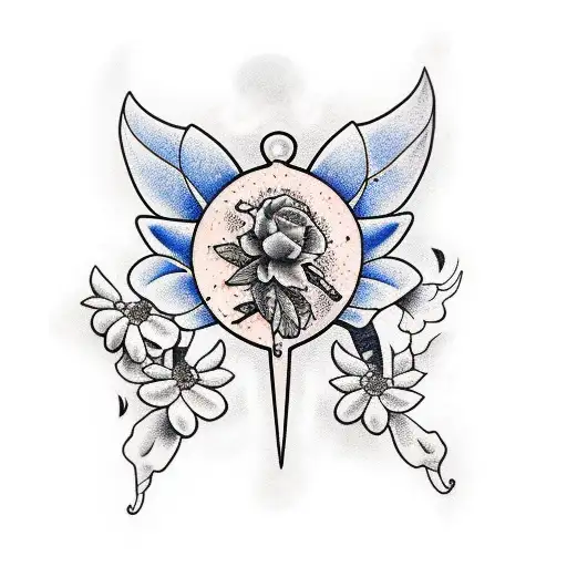 Borboleta e flores azul  tattoo design idea