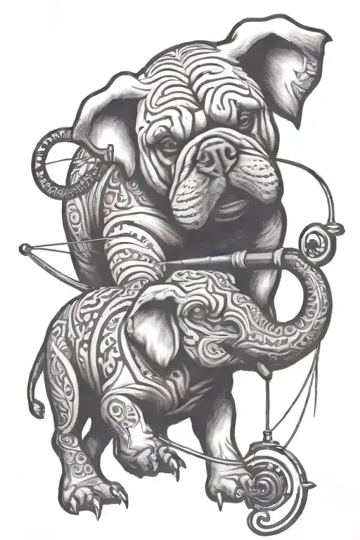 bulldog and tribal Elephant and fishing pole and  tattoo design idea