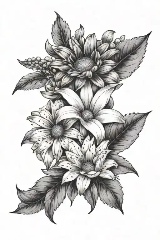 2 daisies, 2 chrysanthemums, a lily of the valley, and a violet tattoo design idea
