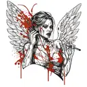 Sexy Angel Smoking Cigarette Covered in blood evil facial expression large cleavage white bloody torn dress Angel wings tattoo design idea