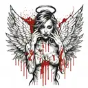 Sexy Angel Smoking Cigarette Covered in blood evil facial expression large cleavage white bloody torn dress Angel wings tattoo design idea
