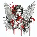 Sexy Angel Smoking Cigarette Covered in blood evil facial expression large cleavage white bloody torn dress Angel wings tattoo design idea