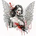 Sexy Angel Smoking Cigarette Covered in blood evil facial expression large cleavage white bloody torn dress Angel wings tattoo design idea
