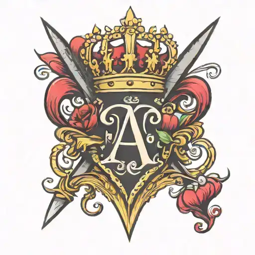 letter A with heart and queen crown tattoo design idea