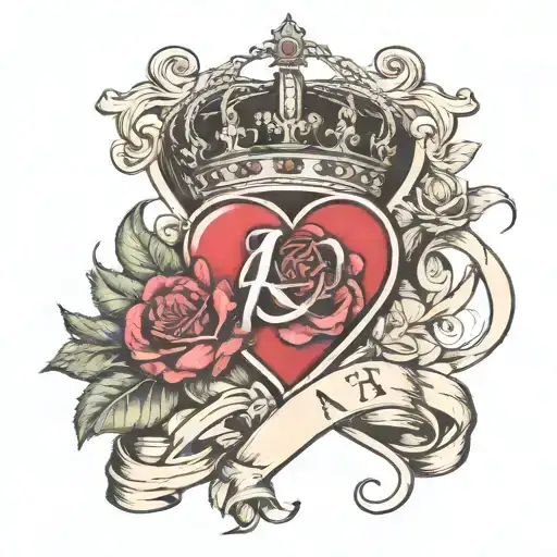 letter A with heart, queen crown, flowers intertwined and ribbon for words tattoo design idea