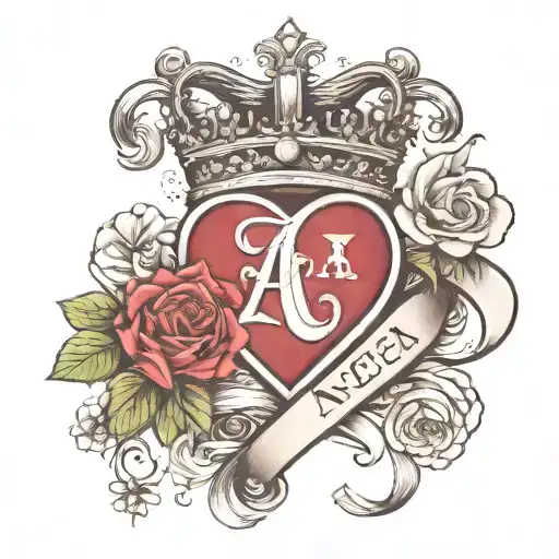letter A with heart, queen crown, flowers intertwined and ribbon for words tattoo design idea