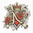 letter A with heart, queen crown, flowers intertwined and ribbon for words tattoo design idea