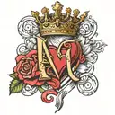 letter A with heart, queen crown, flowers intertwined and ribbon for words tattoo design idea