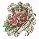 letter A with heart, queen crown, flowers intertwined and ribbon for words tattoo design idea