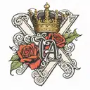 letter A with heart, queen crown, flowers intertwined and ribbon for words tattoo design idea