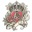 letter A with heart, queen crown, flowers intertwined and ribbon for words tattoo design idea