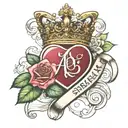 letter A with heart, queen crown, flowers intertwined and ribbon for words tattoo design idea