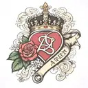 letter A with heart, queen crown, flowers intertwined and ribbon for words tattoo design idea