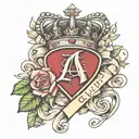 letter A with heart, queen crown, flowers intertwined and ribbon for words tattoo design idea