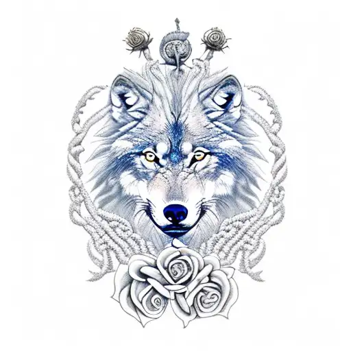 wolf, lion, elephant family crest on a bed of roses connected with a thorny DNA helix vine tattoo design idea