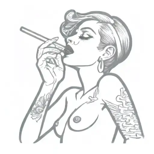 /imagine prompt: An American traditional tattoo art of a topless woman smoking a cigarette, bold outlines, vibrant color tattoo design idea