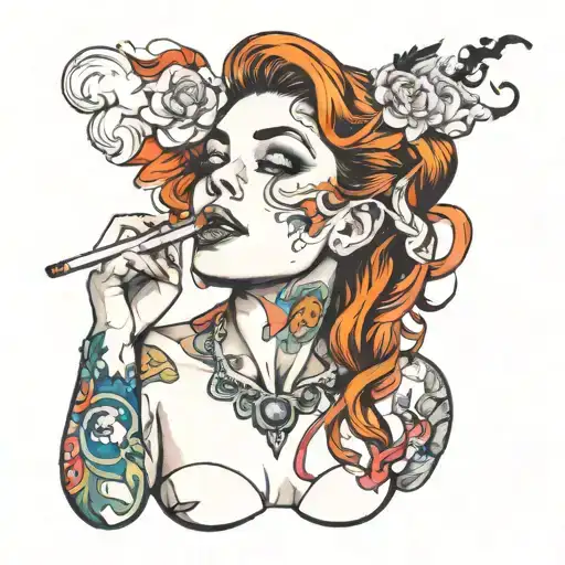/imagine prompt: An American traditional tattoo art of a topless woman smoking a cigarette, bold outlines, vibrant color tattoo design idea