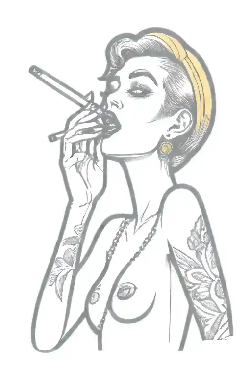/imagine prompt: An American traditional tattoo art of a topless woman smoking a cigarette, bold outlines, vibrant color tattoo design idea