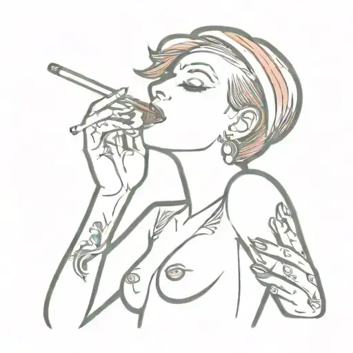 /imagine prompt: An American traditional tattoo art of a topless woman smoking a cigarette, bold outlines, vibrant color tattoo design idea