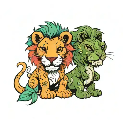 Trex and lion stuffed animals sittint next to each other tattoo design idea