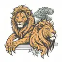 Trex and lion sitting next to each other tattoo design idea