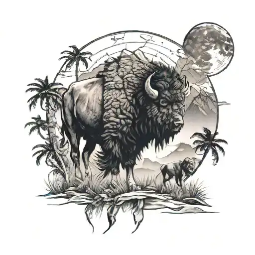 bison and mountain landscape featuring a wolf and palm tree  tattoo design idea