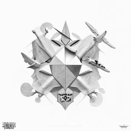 A flock of pássaros flying around a giant medal tattoo design idea