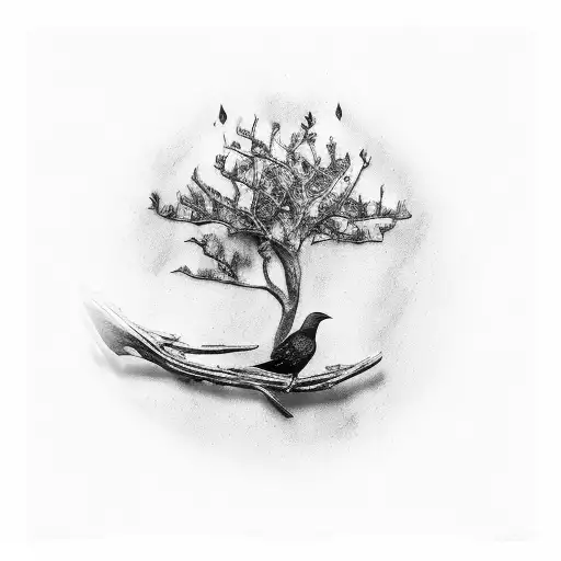 a crow on a tree branch holding the Saint Benedict medal tattoo design idea