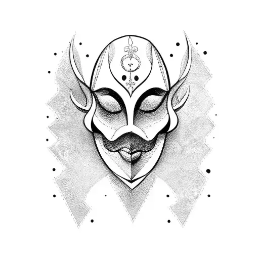 A blackwork tattoo of a theatrical mask adorned with fashion accessories tattoo design idea