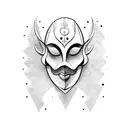 A blackwork tattoo of a theatrical mask adorned with fashion accessories tattoo design idea