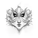 A blackwork tattoo of a theatrical mask adorned with fashion accessories tattoo design idea