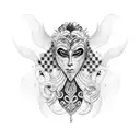 A blackwork tattoo of a theatrical mask adorned with fashion accessories tattoo design idea