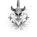 A blackwork tattoo of a theatrical mask adorned with fashion accessories tattoo design idea