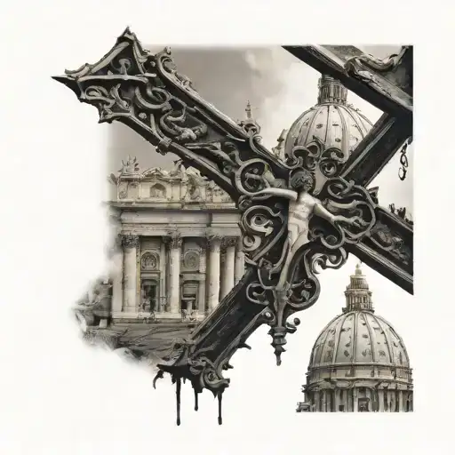 a up side down cross with the vatican in the background  saint peters tattoo design idea