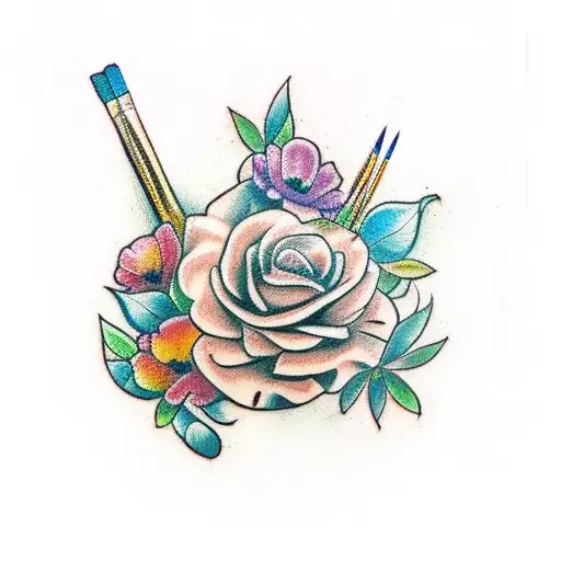 paint brushes and pencils with little flowers or tied up with plants tattoo design idea