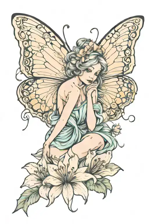 Delicate fairy peeking around flower  tattoo design idea