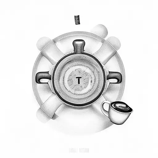 A coffee cup with a steering wheel as the handle tattoo design idea