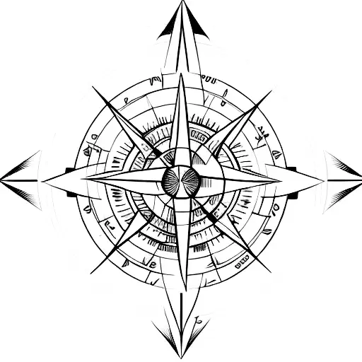 An abstract compass design with musical notes incorporated into the arrows tattoo design idea