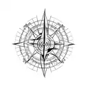 An abstract compass design with musical notes incorporated into the arrows tattoo design idea